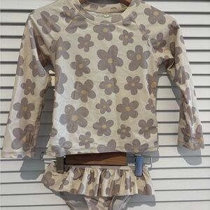 Rylee + Cru Cream and Brown Floral Kids Rashguard Set
